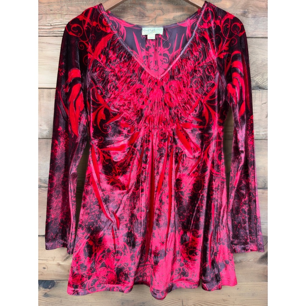Energe by One World Velvet Tunic Womens S Red Black Smocked V Neck Long Sleeve